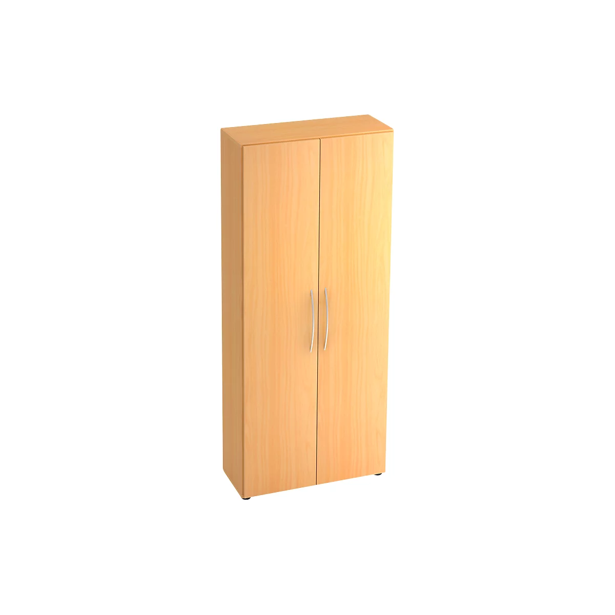 Light brown cabinet with two doors and silver handles.