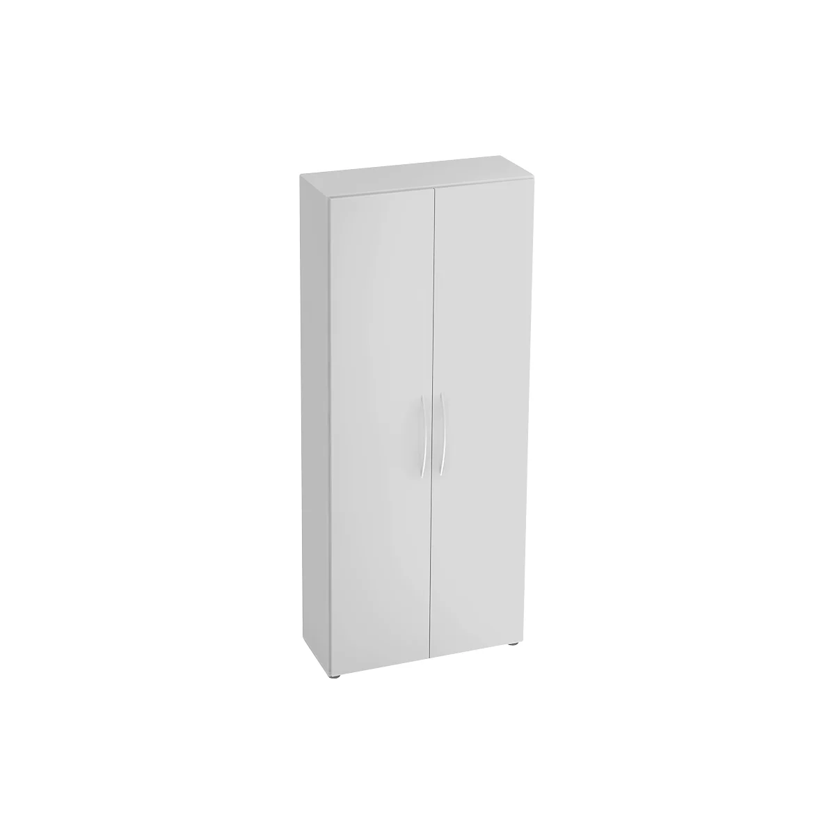 White cabinet with two doors and silver handles. The doors are closed.