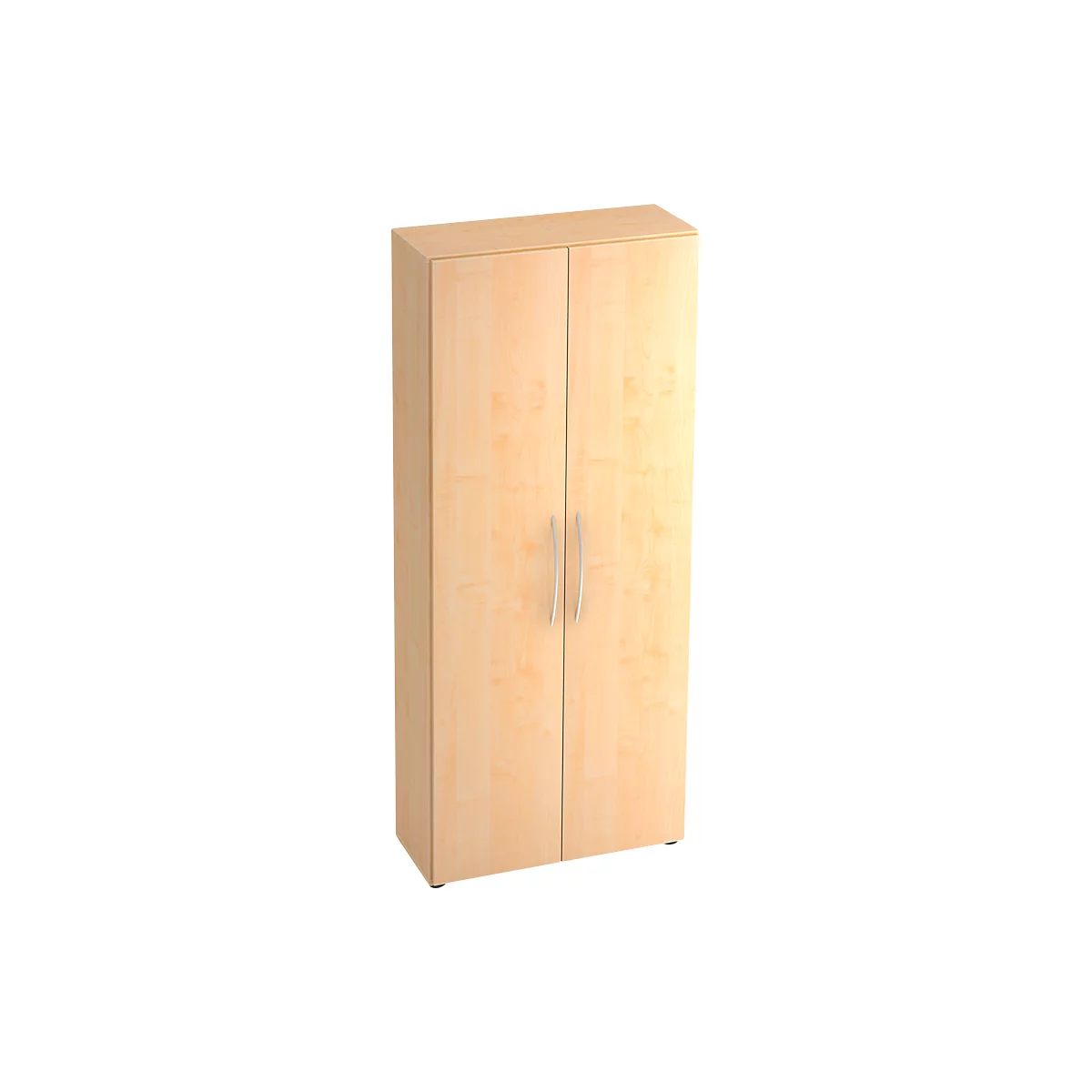 A tall wooden cabinet with two doors and silver handles. The cabinet is in light brown wood tones and stands on a black base.