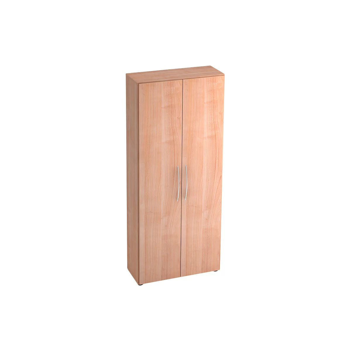 A tall cabinet with two doors made of light wood. Each door has a silver handle.