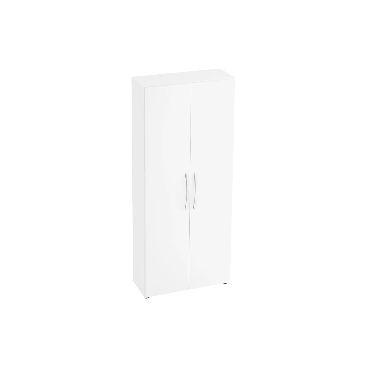 White cabinet with two doors and silver handles.