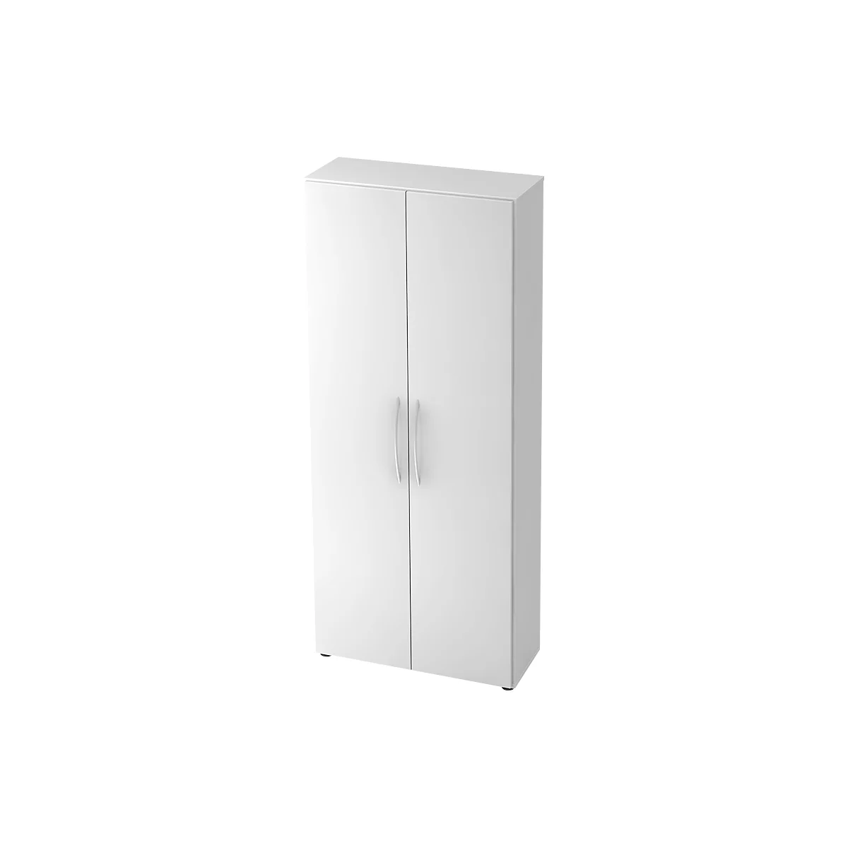 A white cabinet with two doors, two silver handles, and a rectangular shape. The cabinet is on a light background.