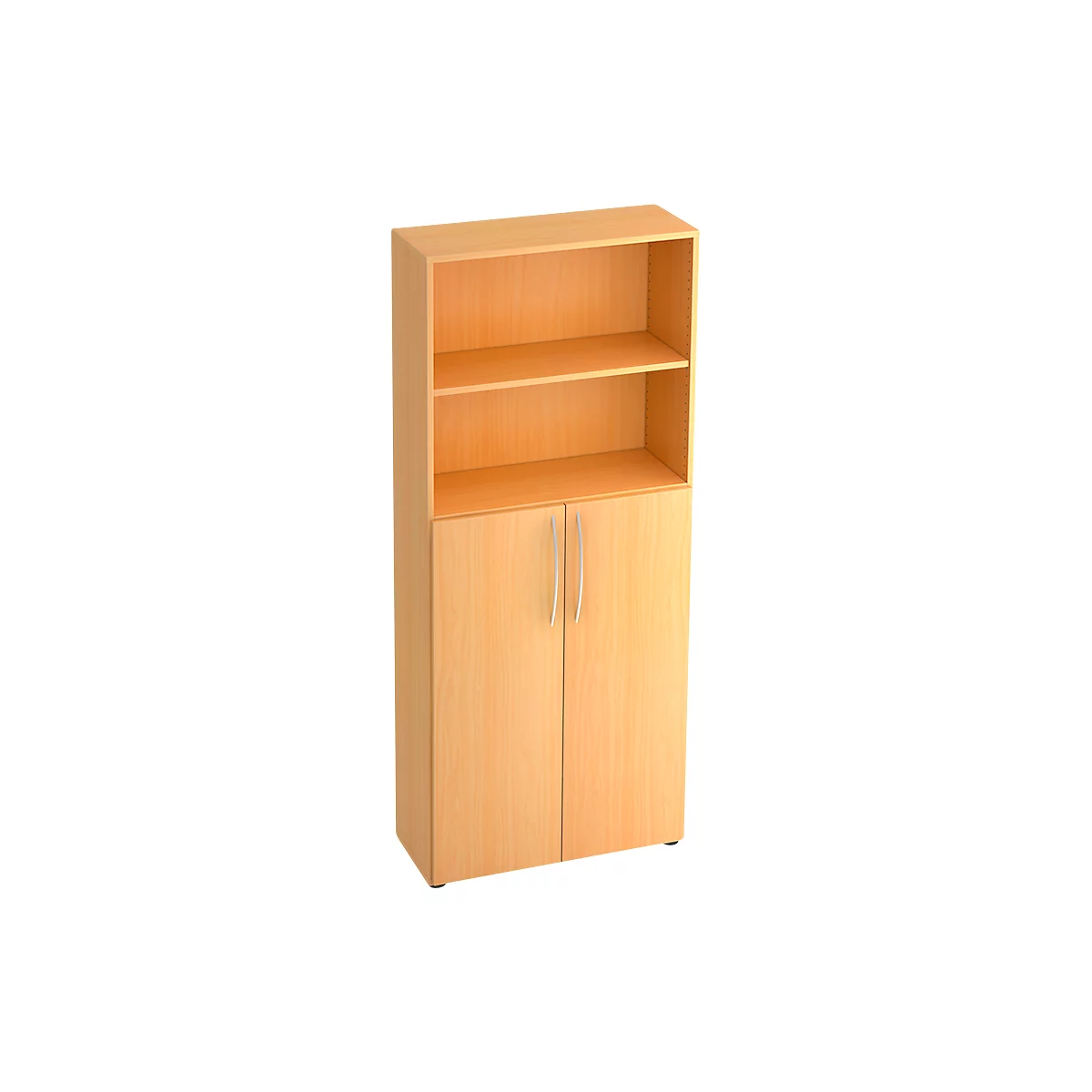 A light brown office cabinet with two open shelves and doors. The cabinet has silver handles.