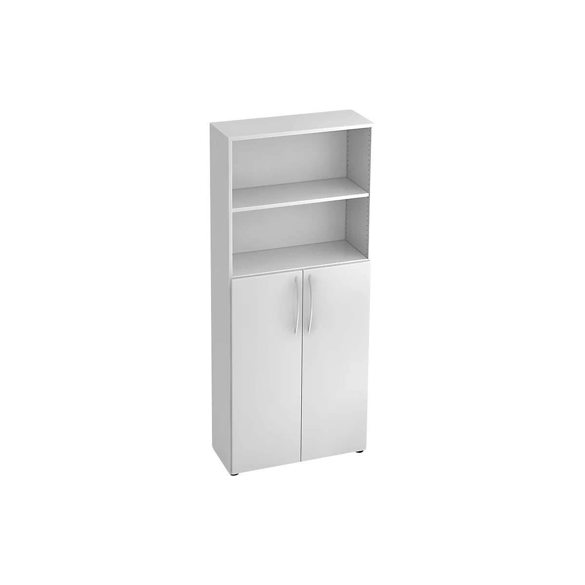 White cabinet with two doors and shelves. The piece of furniture stands in front of a neutral background.