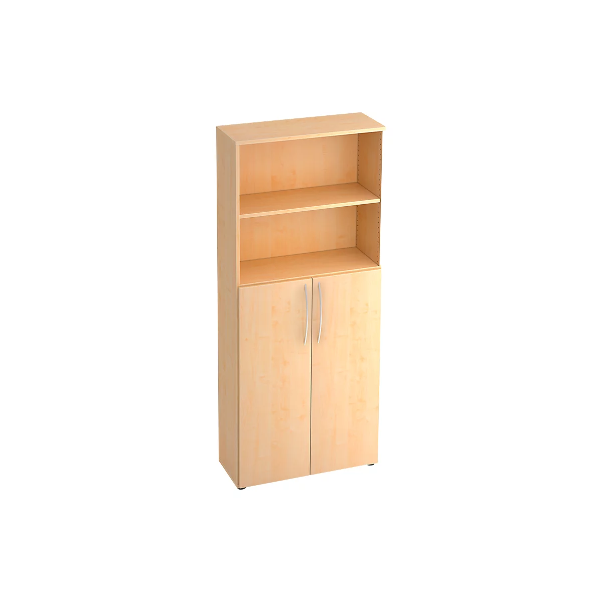 Beige office cabinet with open shelves and doors. Silver handles.