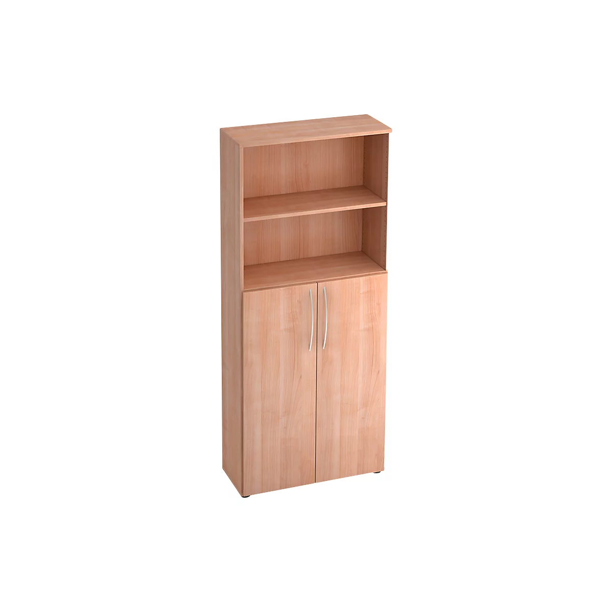 A wooden cabinet with two open shelves and two doors.