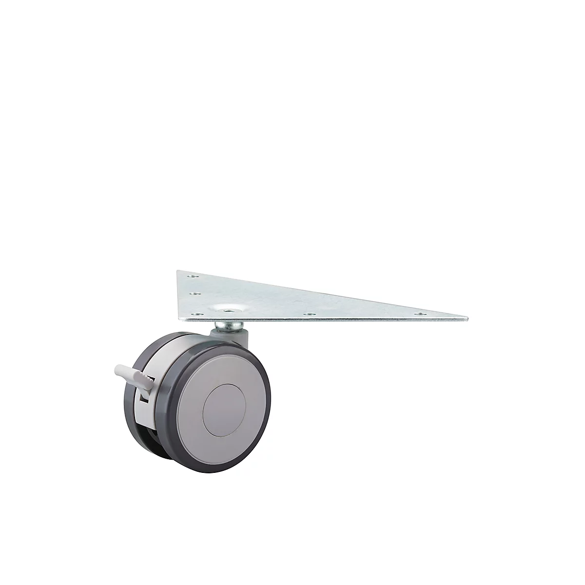 Wheel with gray wheel and lever, connected to a metal plate, against a white background.
