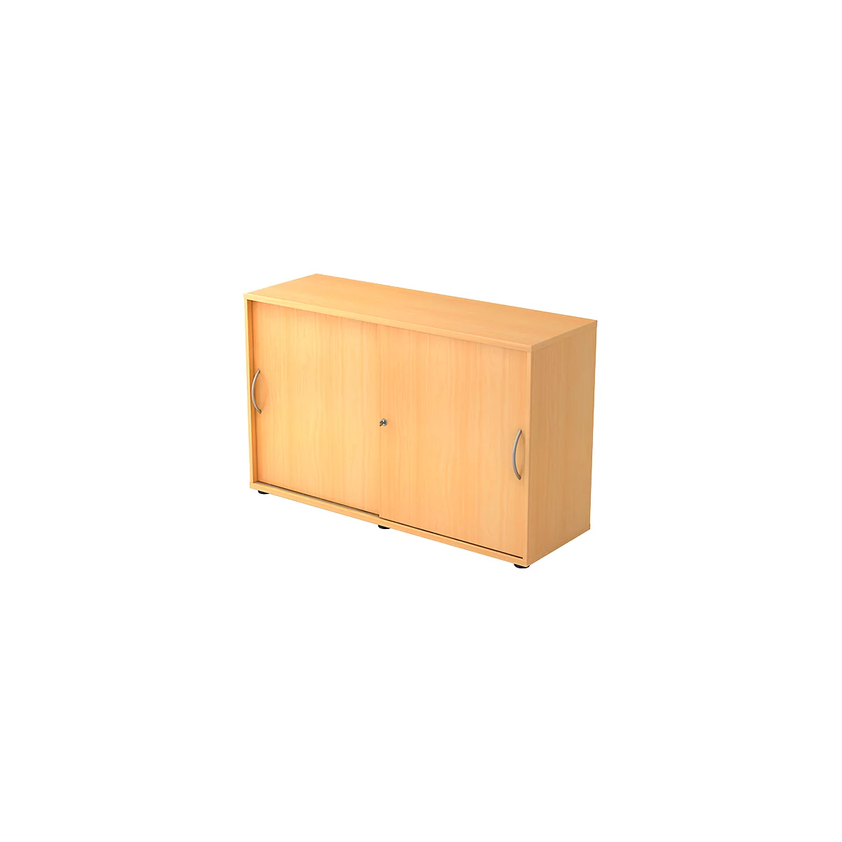 Light brown cabinet with sliding doors and silver handles. A small keyhole in the middle.