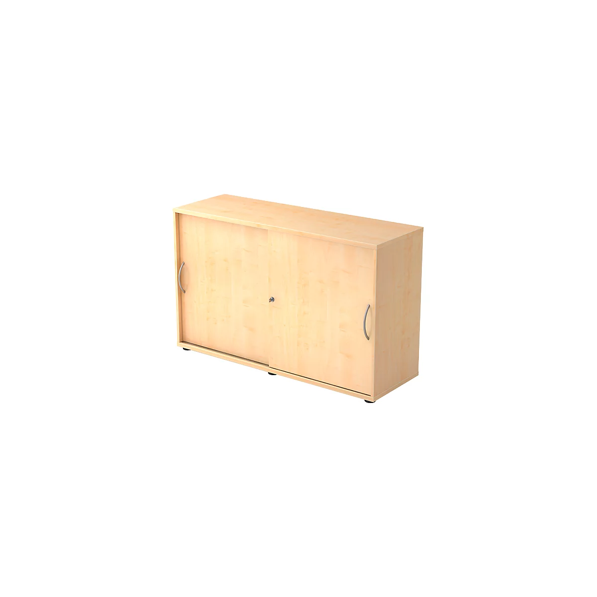 Light brown cabinet with sliding doors, silver handles, and a keyhole.