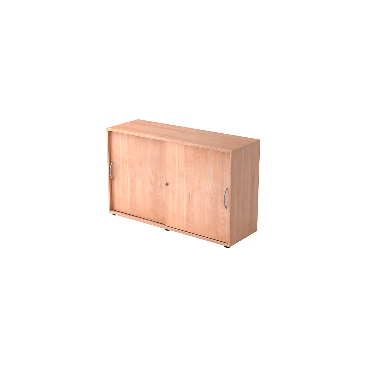 Wooden cabinet with sliding doors. The handles are silver-colored, a keyhole is visible.