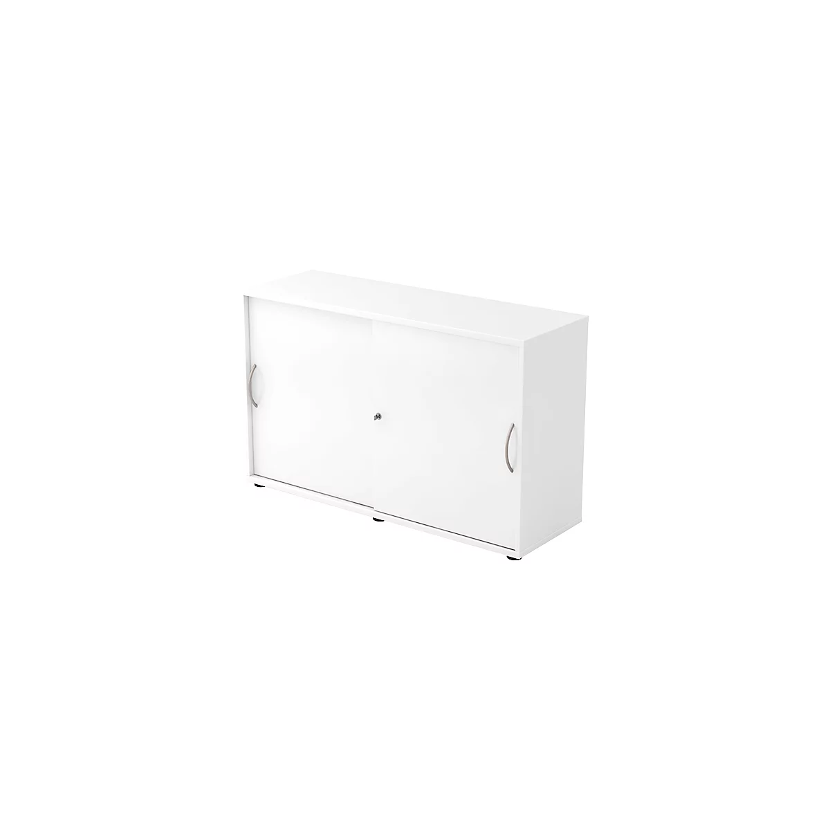 White cabinet with sliding doors and two handles. A small lock in the middle.