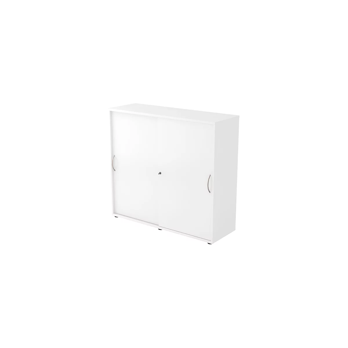 White cabinet with sliding doors and silver handles. Small black feet lift the cabinet off the floor.