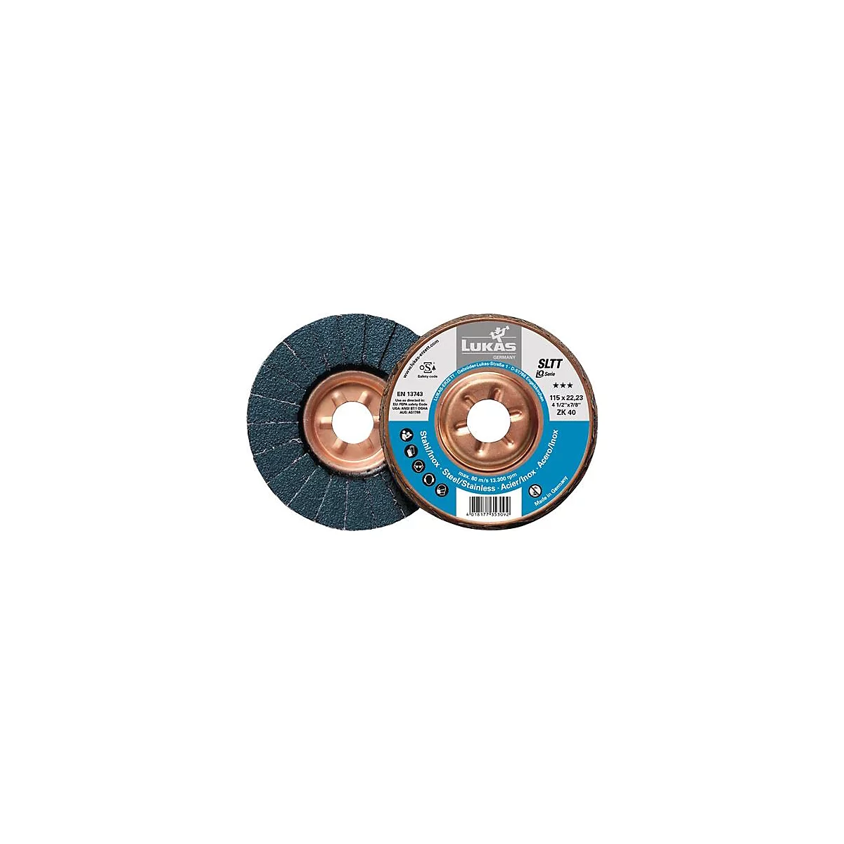 Deux disques de meulage, dont un est partiellement recouvert. On peut lire LUKAS avec les détails du produit sur l'un d'eux. Les disques ont un évidement central en cuivre.