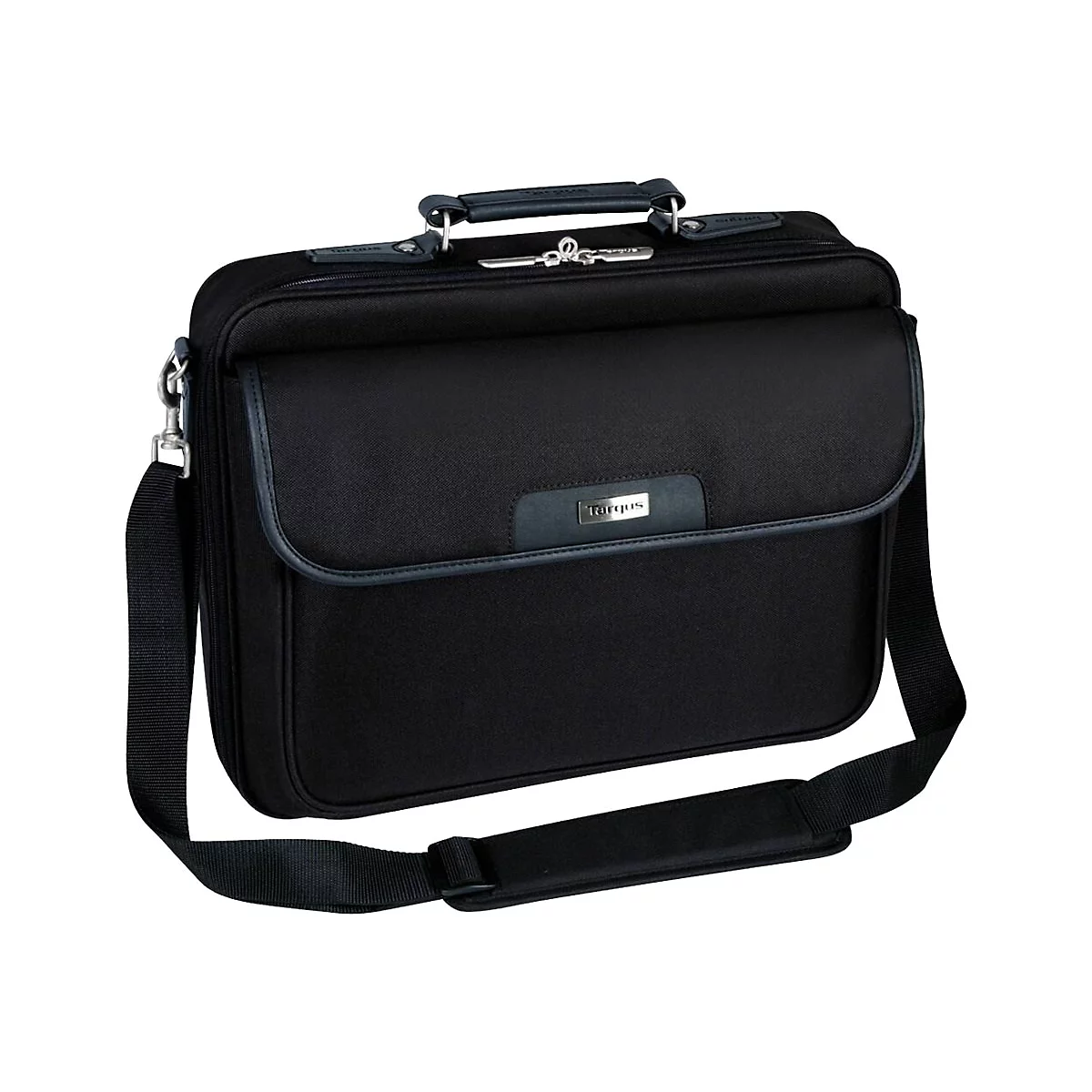 Sacoche pour ordinateur portable noire avec poignée et bandoulière. Le mot "Targus" est visible sur le sac.