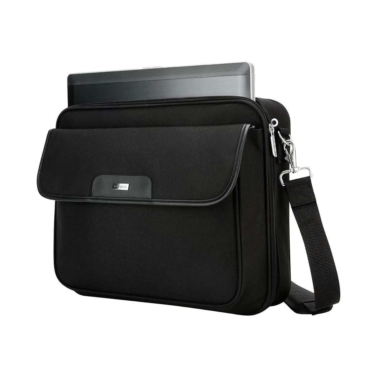 Schwarze Laptoptasche mit silbernem Schultergurt. Laptop im Hauptfach, Marke 'Targus' auf der Klappe.