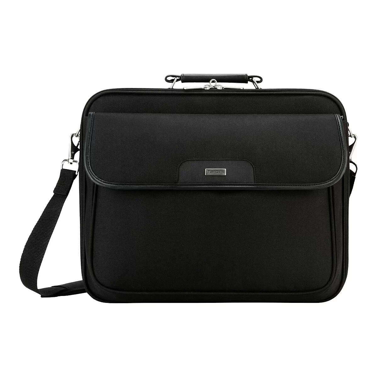 Schwarze Laptoptasche mit Tragegriff und Schultergurt. Auf der Front ist der Markenname Targus zu sehen.