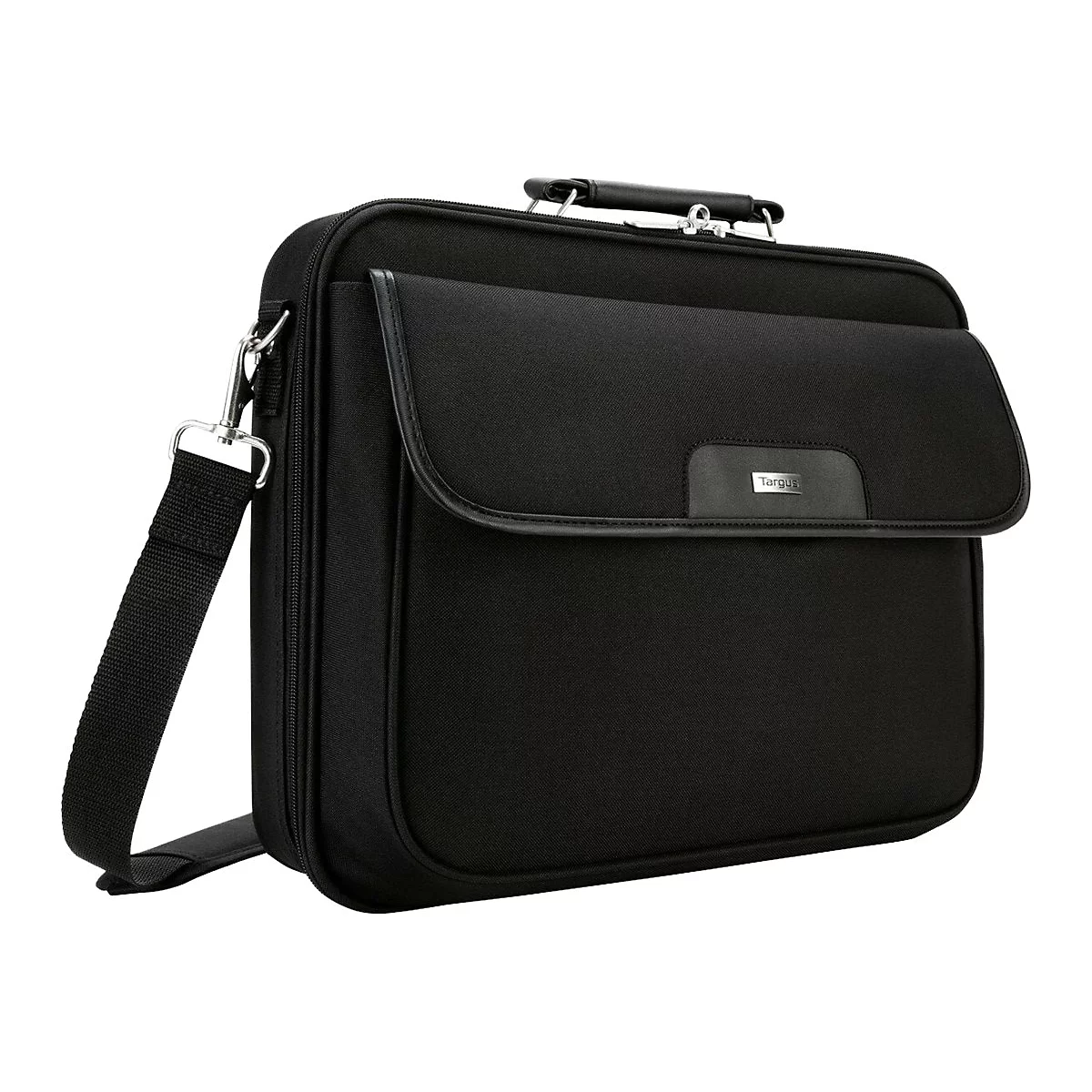 Schwarze Laptoptasche mit Schulterriemen und Tragegriff. Auf der Klappe ist das Logo von Targus zu sehen.