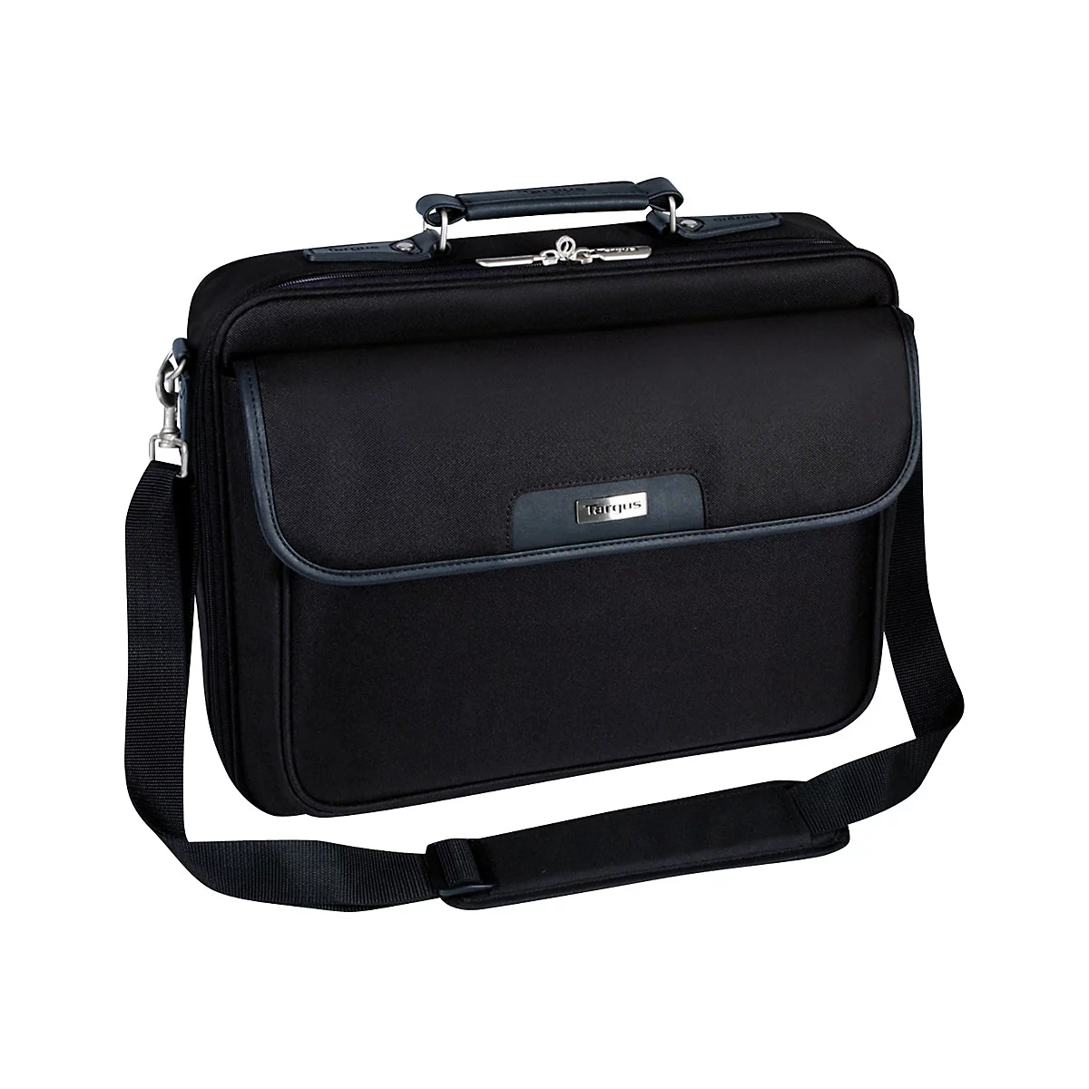 Schwarze Laptoptasche mit Schulterriemen, Henkel. Logo-Plakette: Targus.