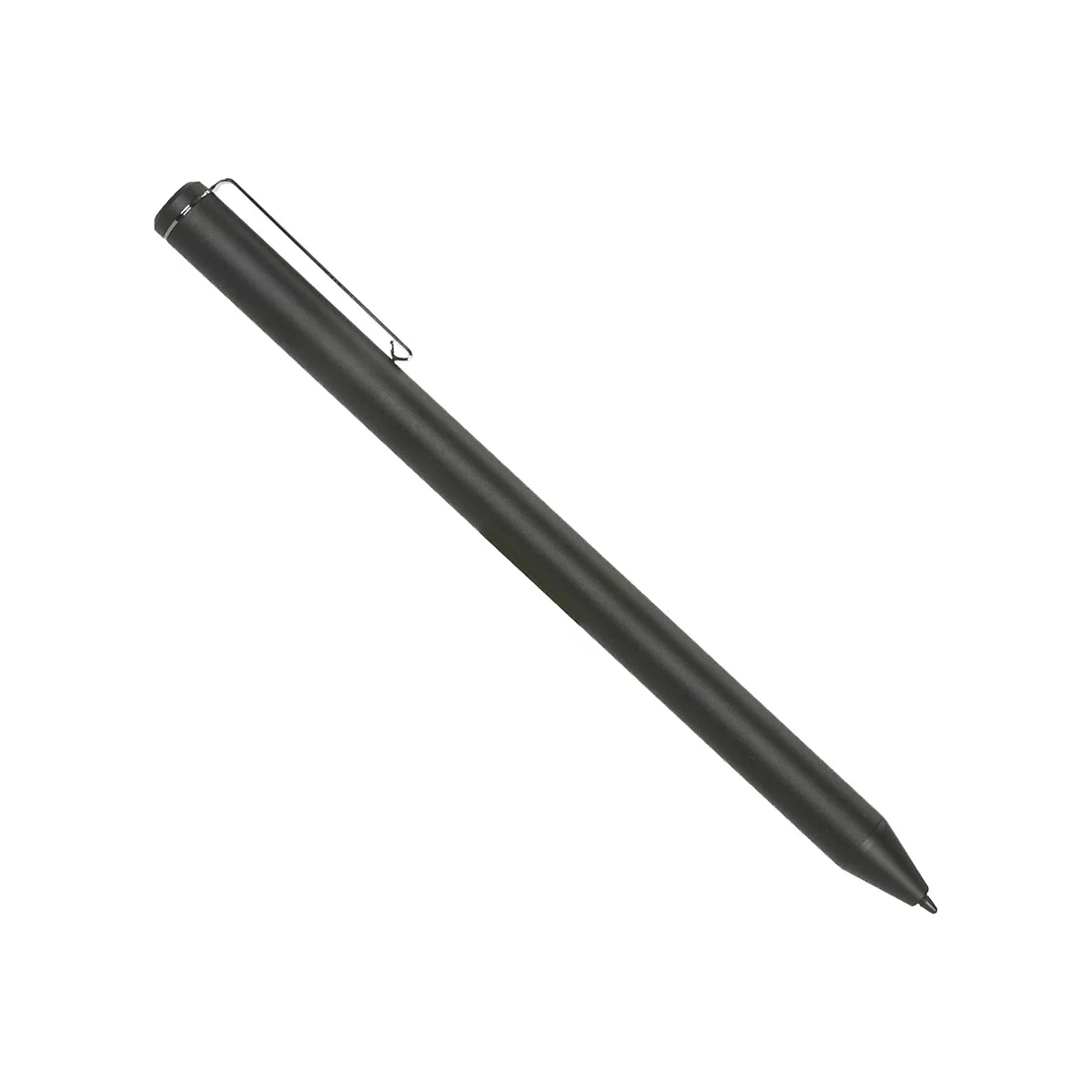 Schwarzer Stylus-Stift mit silbernem Clip, diagonal vor weißem Hintergrund.