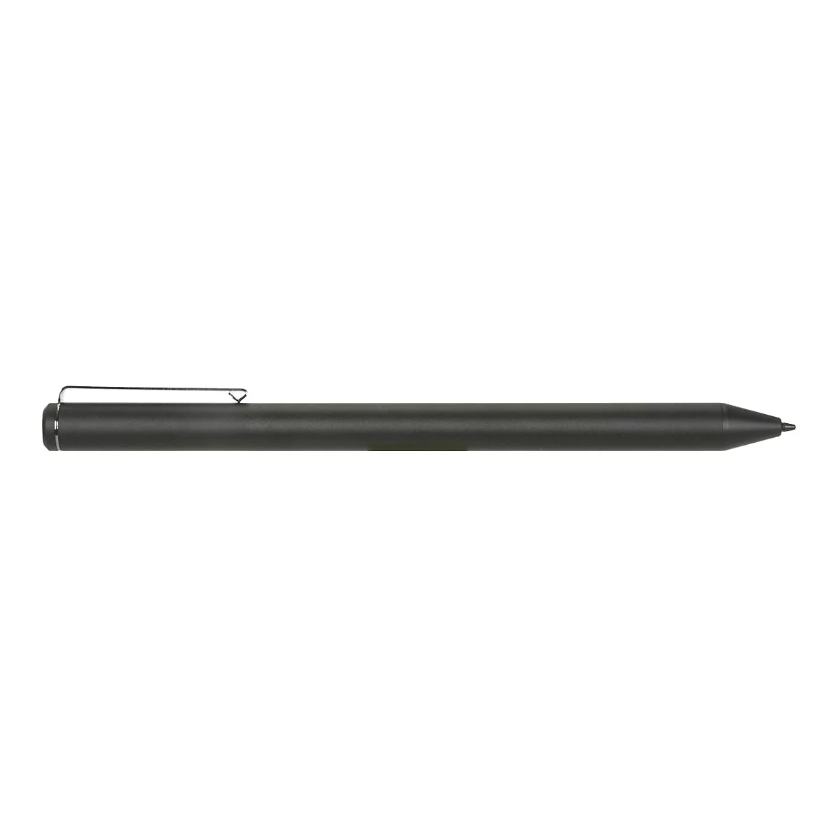 Schwarzer Stylus-Stift mit silbernem Clip, auf weißem Hintergrund.