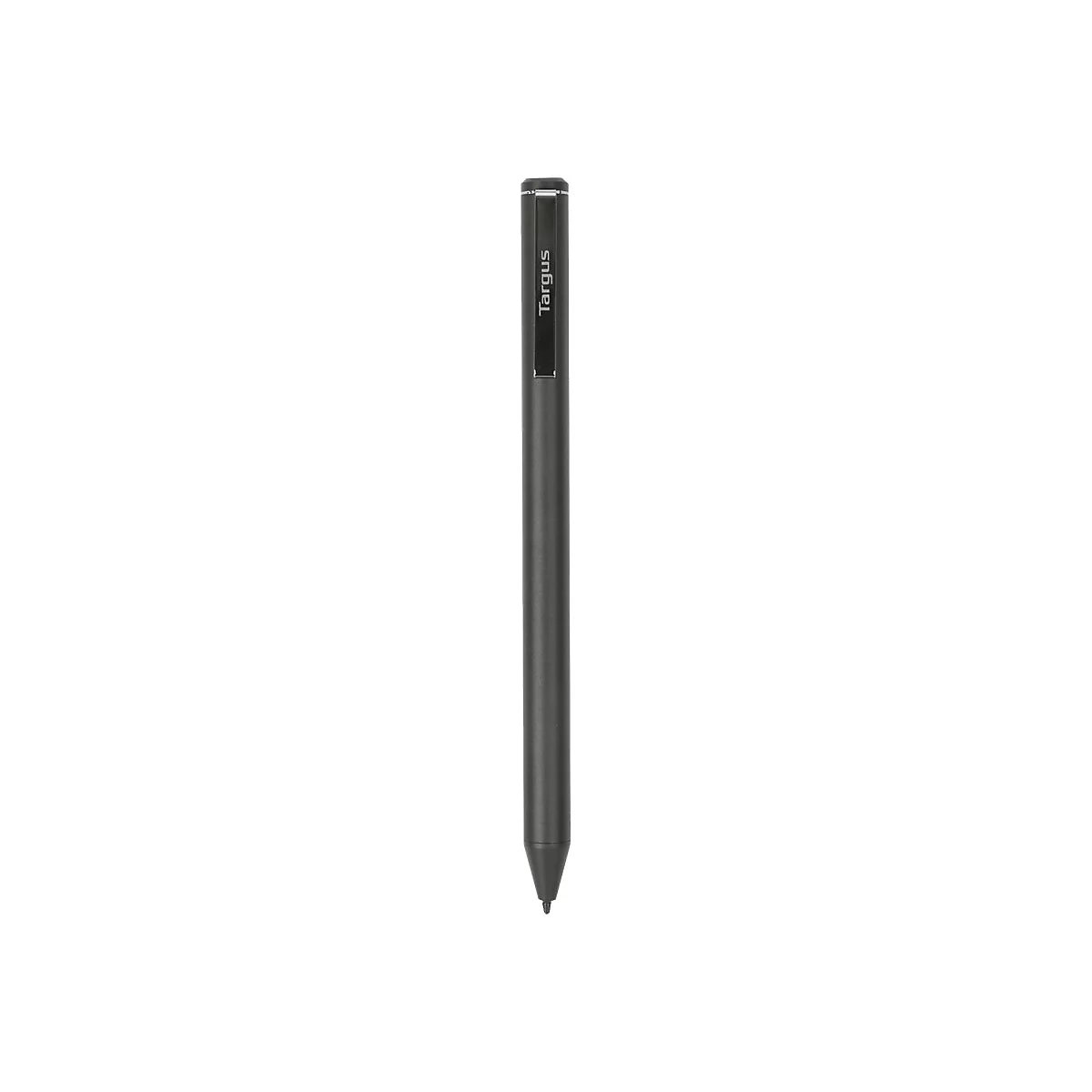 Dunkelgrauer Stylus, senkrecht, mit schwarzer Spitze. Oben steht "Targus".