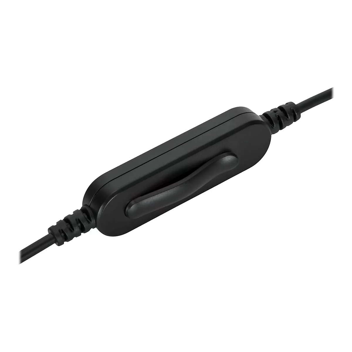 Gros plan d'un câble noir avec un boîtier de commande noir. Le contrôleur possède un interrupteur incurvé.