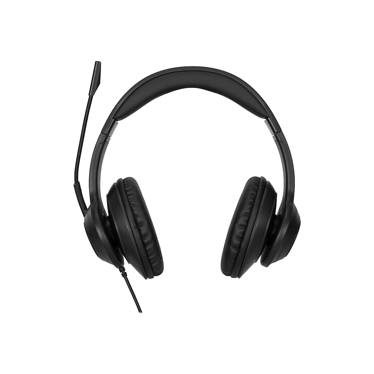 Schwarzes Headset mit Mikrofon. Der BÃ¼gel verlÃ¤uft Ã¼ber den Kopf, die Ohrmuscheln umschlieÃŸen die Ohren.
