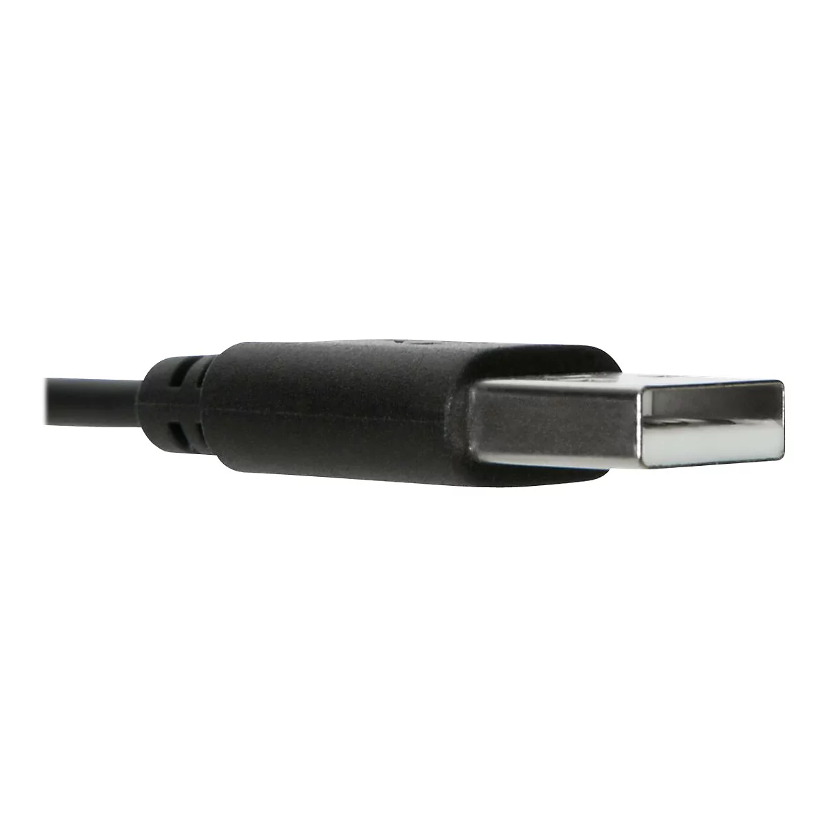 Nahaufnahme eines schwarzen USB-Steckers, der aus dem Kabel ragt. Der Stecker hat eine silberne KontaktflÃ¤che.