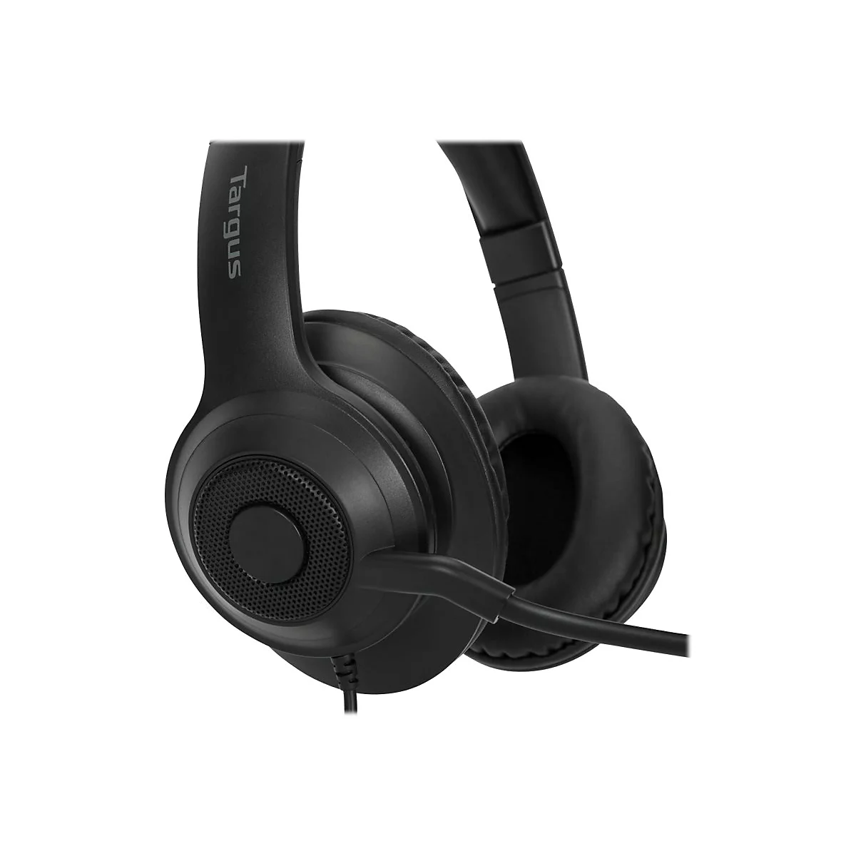 Schwarzes Headset mit Mikrofon, Marke Targus. Der KopfhÃ¶rer hat runde Ohrmuscheln, ein Mikrofon und ein Kabel.
