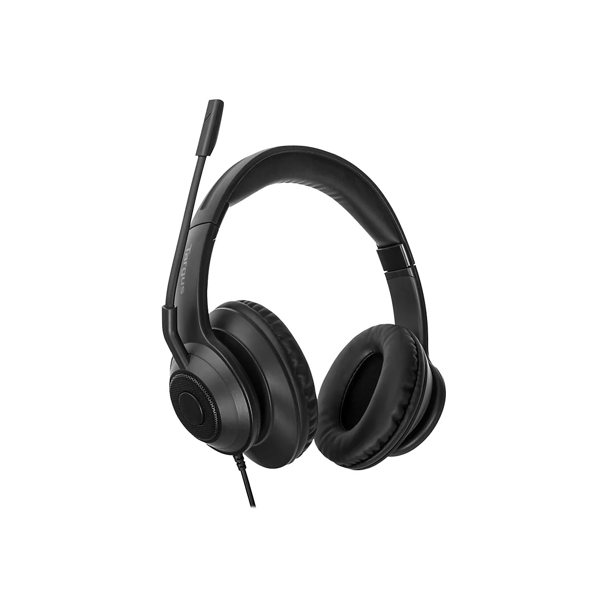 Schwarzes Headset mit Mikrofon vor weiÃŸem Hintergrund.