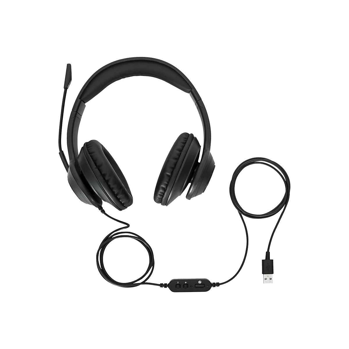 Schwarzes Headset mit Mikrofon, Kabel und USB-Anschluss auf weiÃŸem Hintergrund.