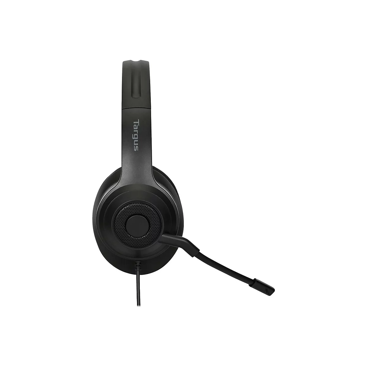 Schwarzes Headset mit Mikrofon, Targus-Logo. Detailaufnahme vor weiÃŸem Hintergrund.
