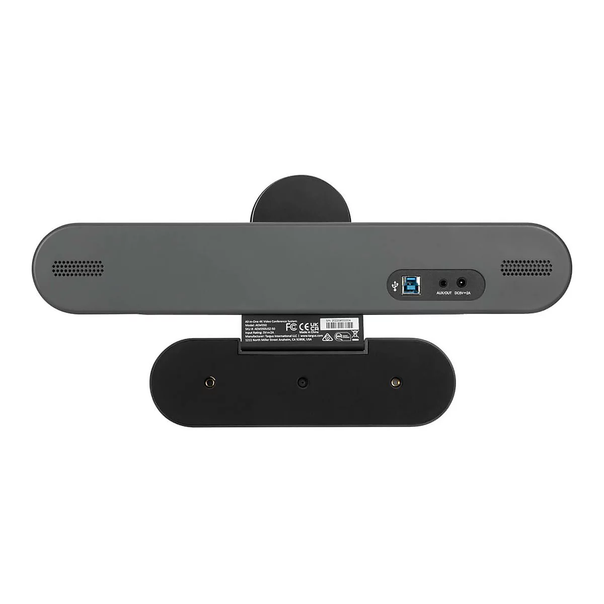 Draufsicht auf ein graues, längliches Konferenzsystem mit Lautsprecherlöchern, USB-Anschlüssen, und schwarzem Standfuß.