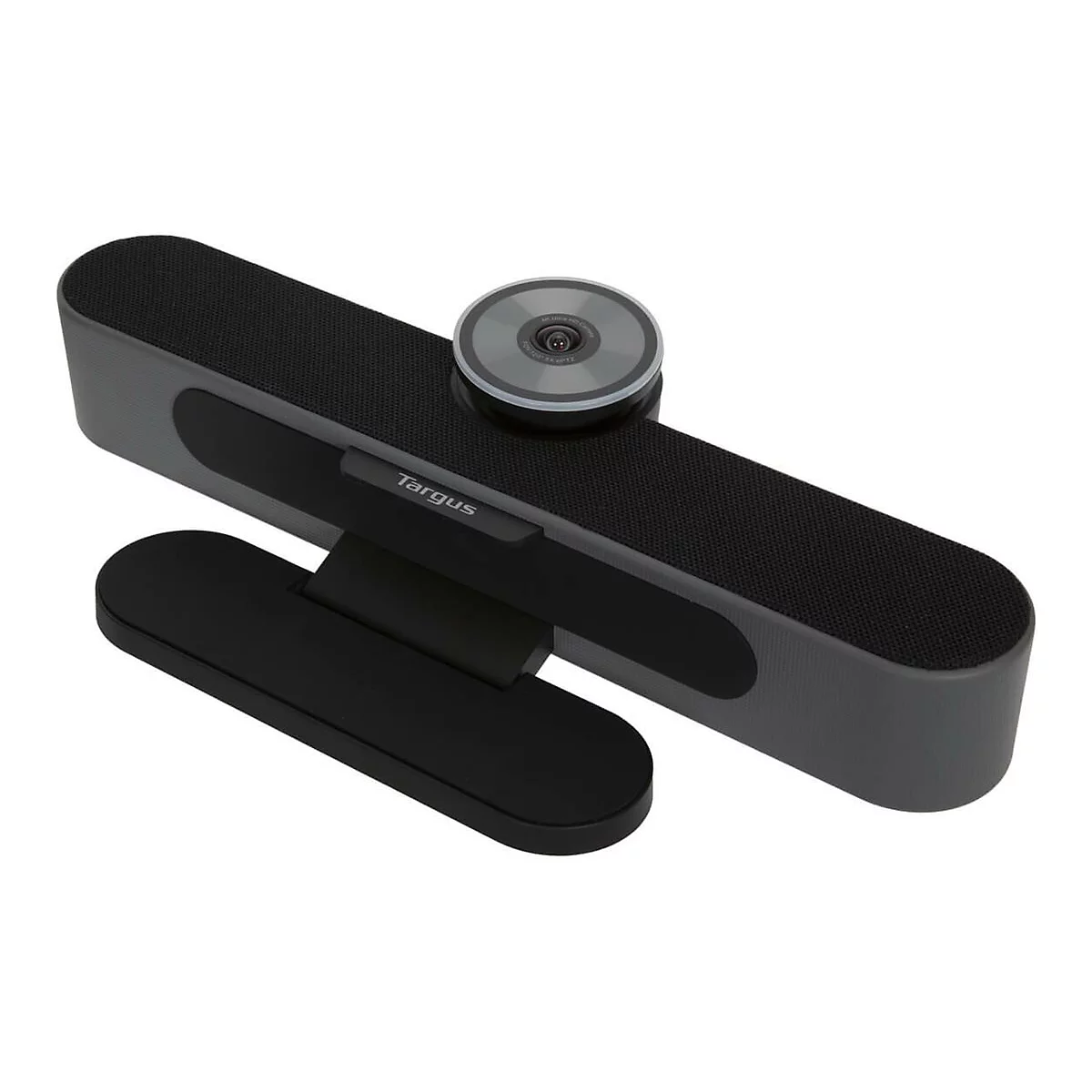 Graue Targus Webcam. Oben mittig eine Kamera, darunter ein länglicher Körper mit Lautsprecheröffnungen. Schwarzer Standfuß.
