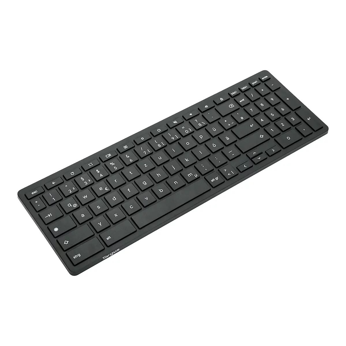 Schwarze Tastatur mit weißen Buchstaben und Zahlen, diagonale Perspektive, Marke Targus. 