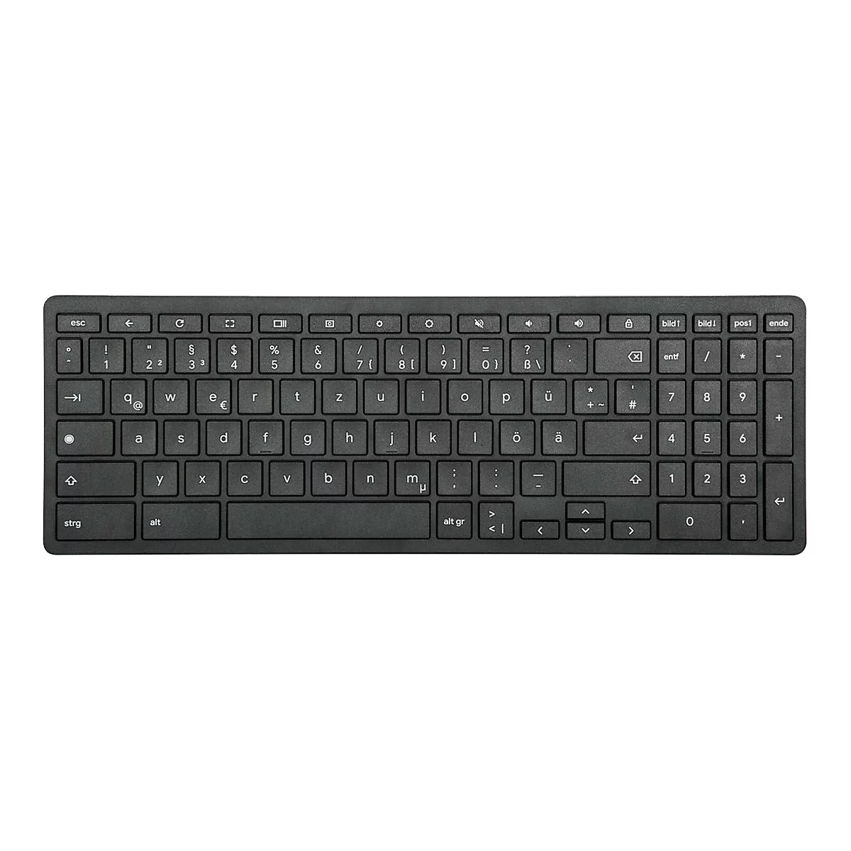 Schwarze Computertastatur von oben; Tasten mit deutschen Sonderzeichen und Nummernblock.