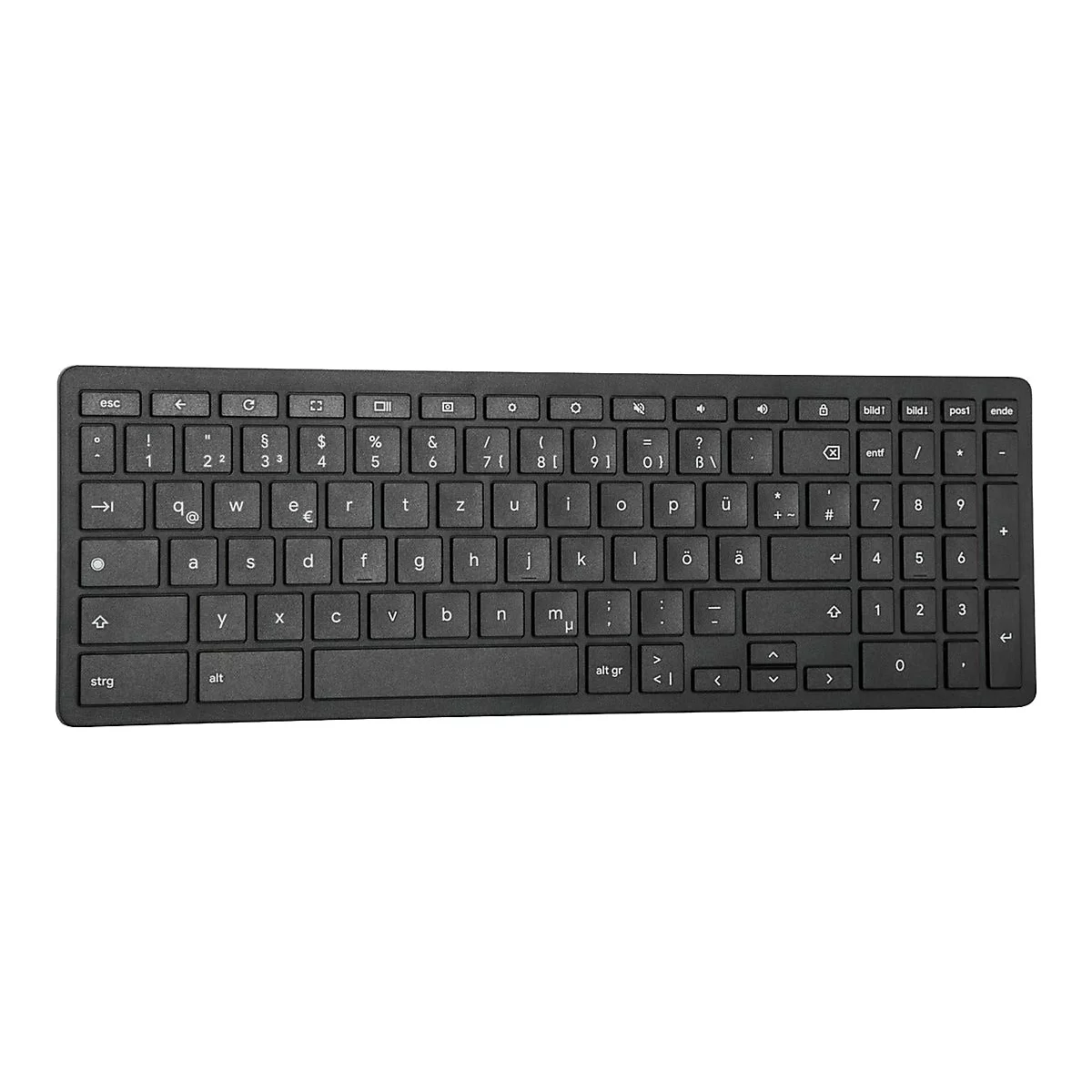 Schwarze, flache Computer-Tastatur mit deutschem QWERTZ-Layout auf weißem Hintergrund.