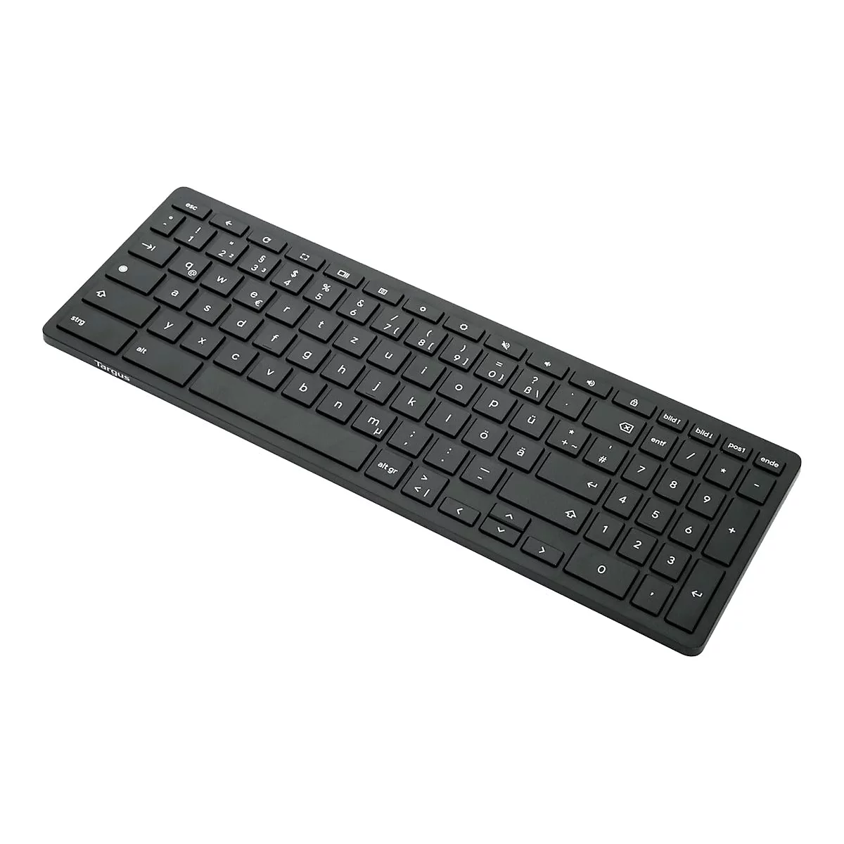 Schwarze kabellose Targus Tastatur mit deutschem Layout auf weißem Hintergrund.