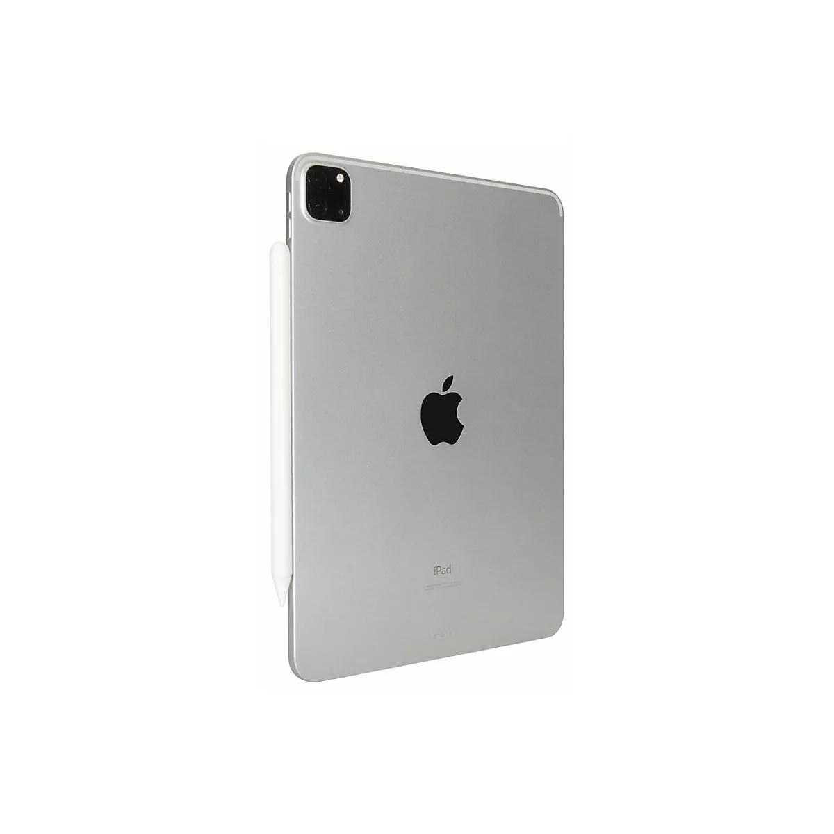 Rückseite eines silbernen iPad Pro mit einem seitlich magnetisch befestigten weißen Apple Pencil.
