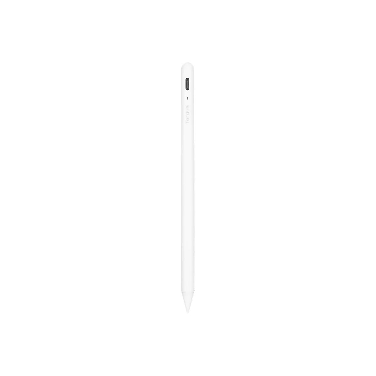 Ein weißer, schlanker Targus Eingabestift vor neutralem, weißem Hintergrund.
