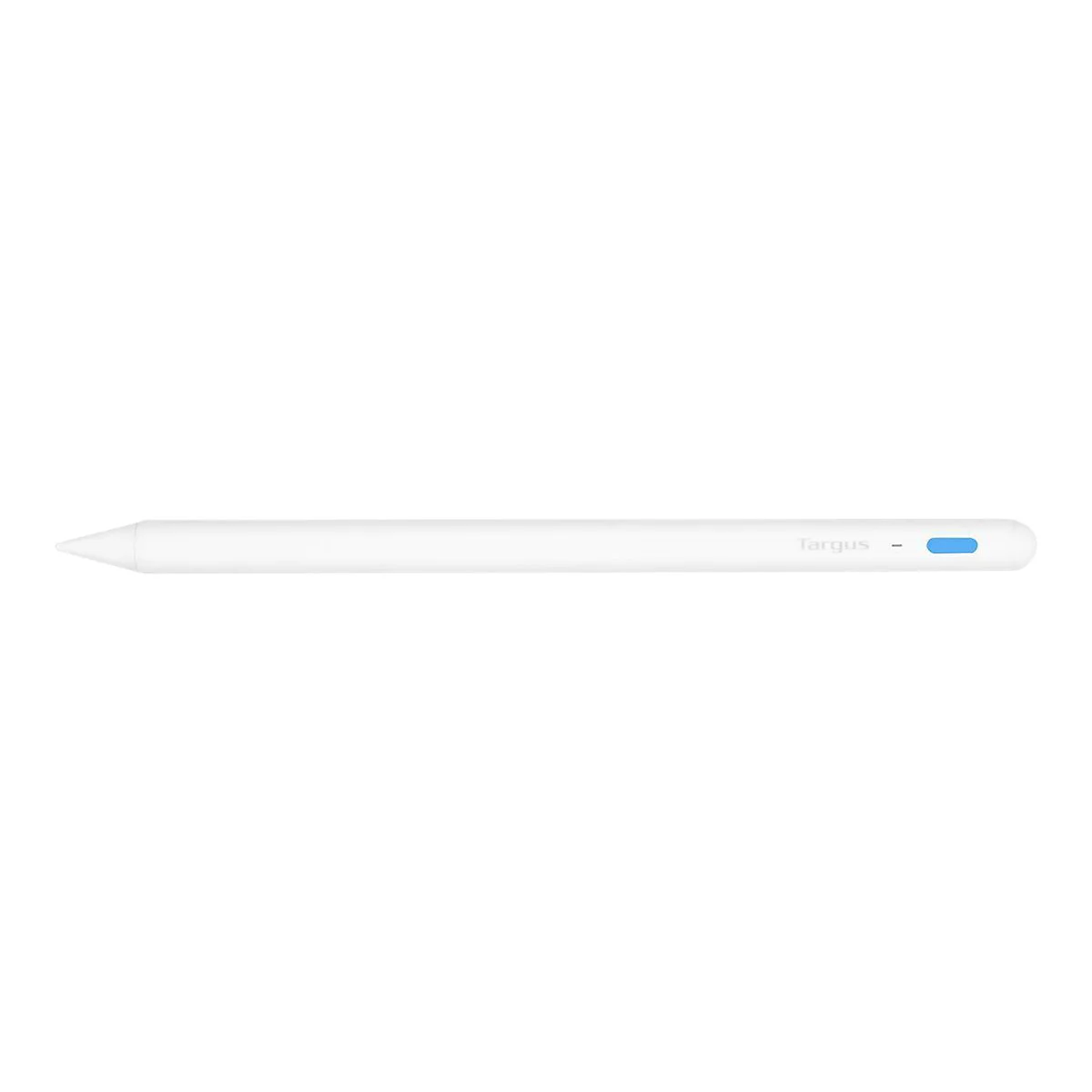Ein weißer Targus Eingabestift mit blauer LED-Anzeige vor weißem Hintergrund.