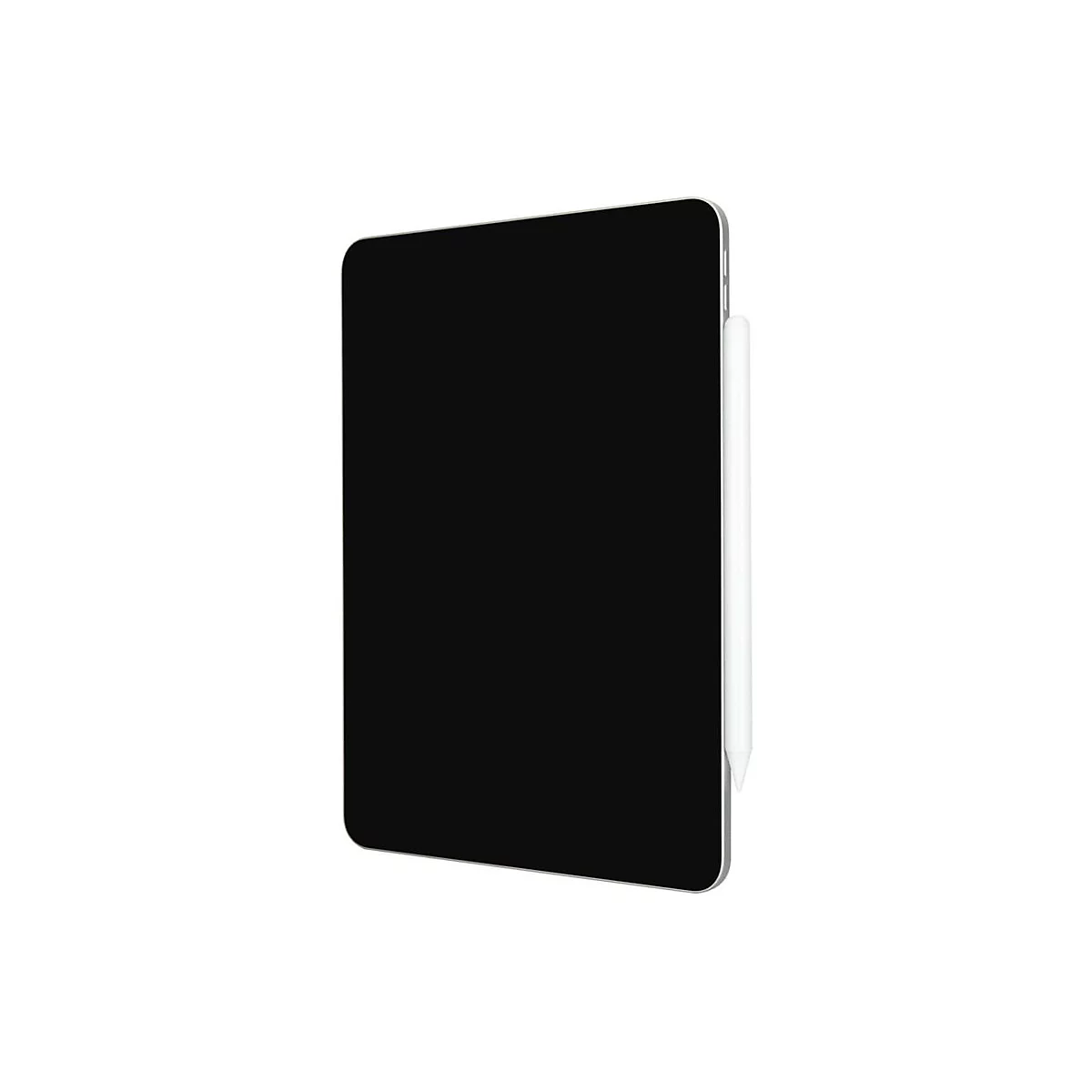 Tablet mit schwarzem Bildschirm und seitlich magnetisch befestigtem weißen Eingabestift vor weißem Hintergrund.