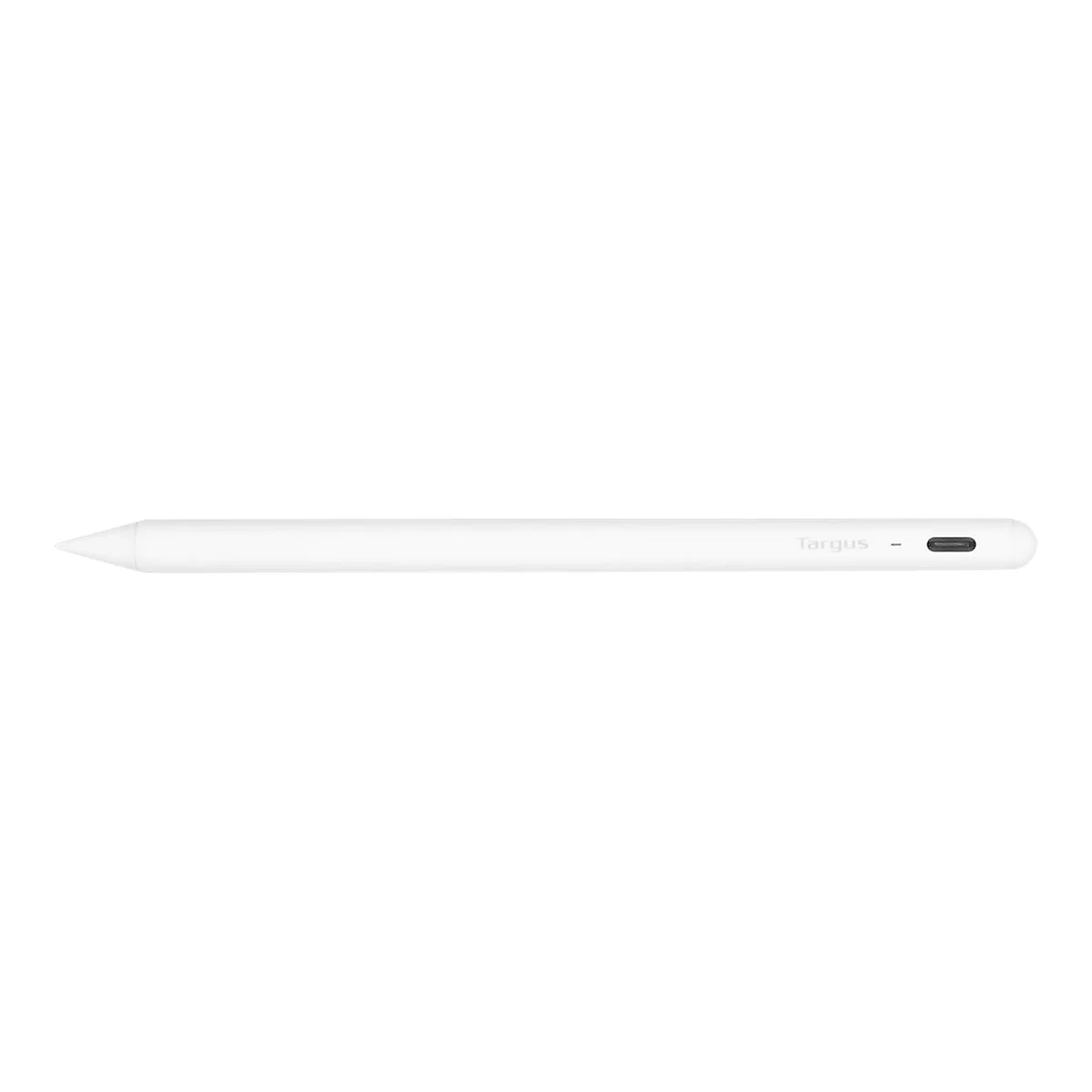 Weißer Targus Eingabestift mit spitzer Kappe und USB-C Ladeanschluss vor weißem Hintergrund.