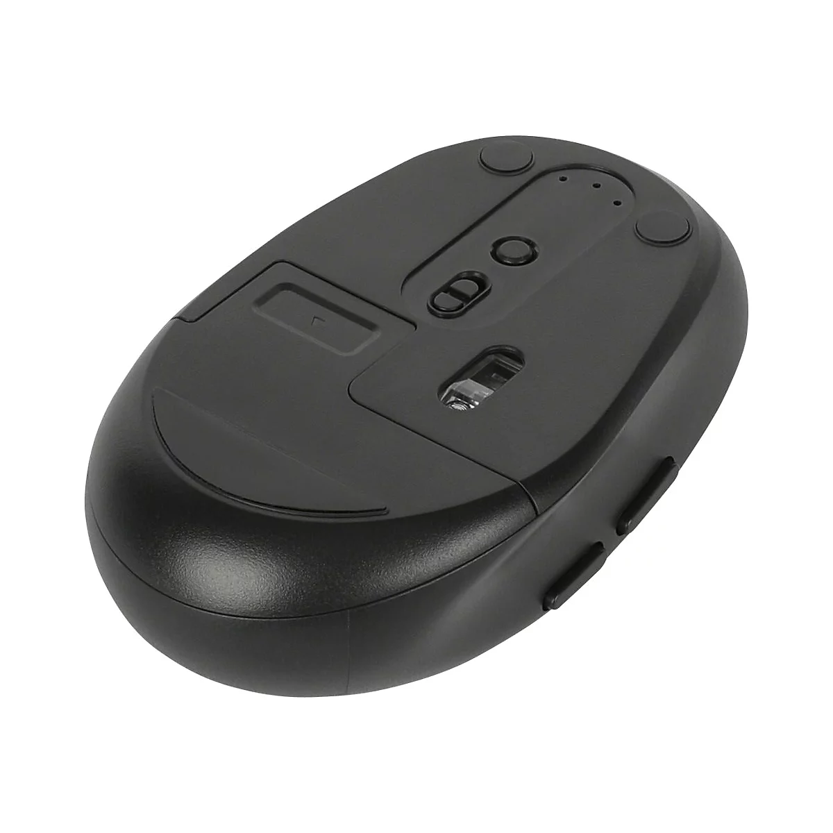 Souris d'ordinateur noire, dessous, avec boutons et capteurs.