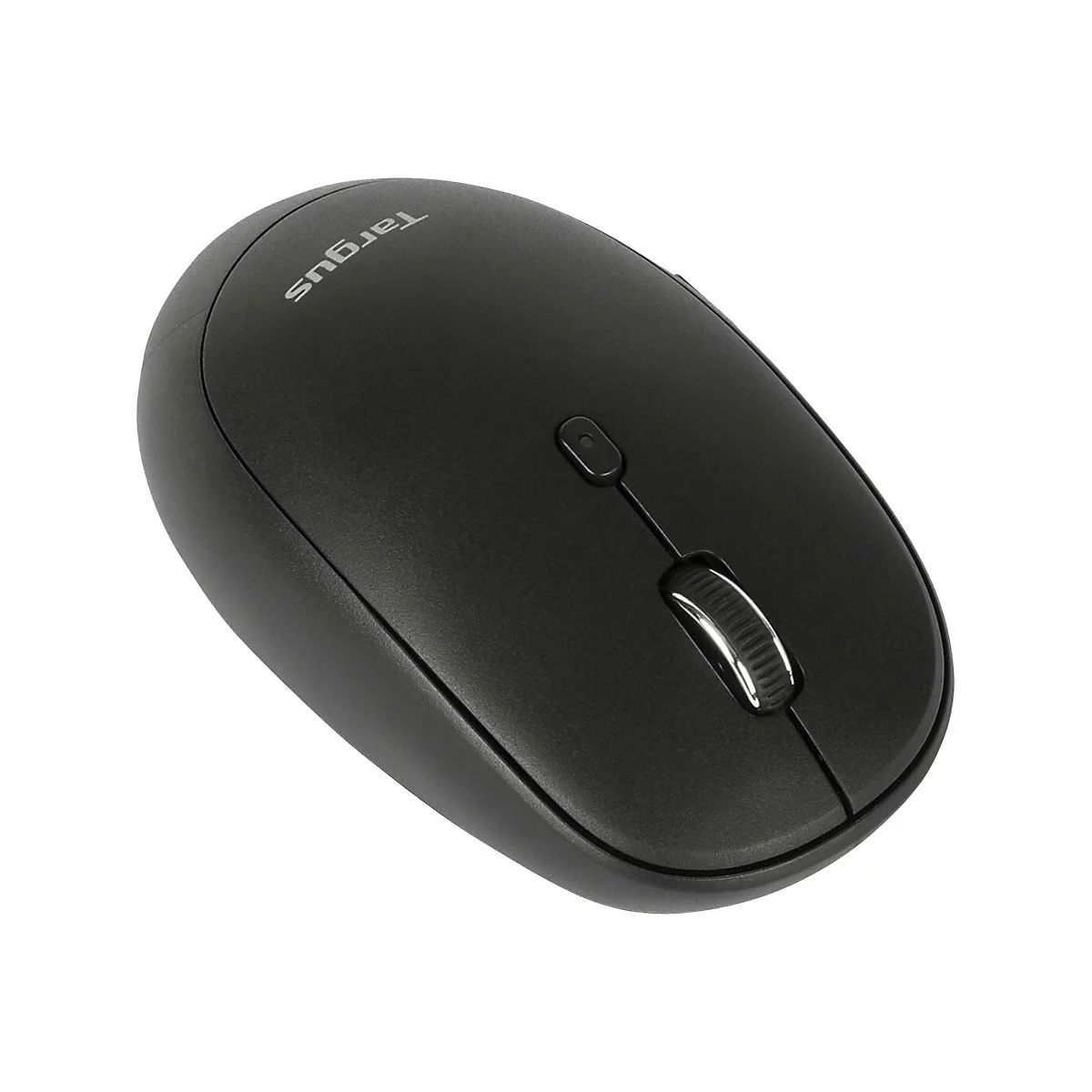 Souris d'ordinateur noire avec molette de défilement argentée. L'inscription Targus est visible.