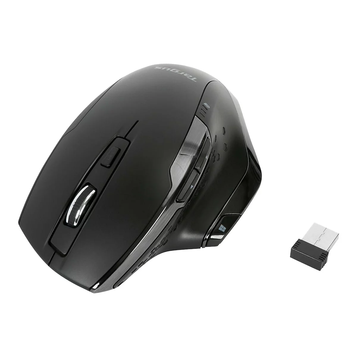 Souris sans fil noire avec la marque Targus. À côté de la souris se trouve un récepteur USB.