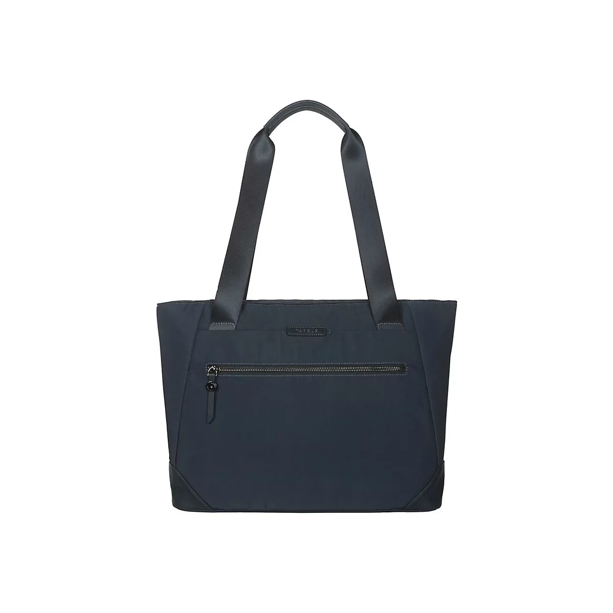 Sac fourre-tout en tissu bleu foncé avec poignées noires et une poche zippée à l'avant. Le fond est blanc.