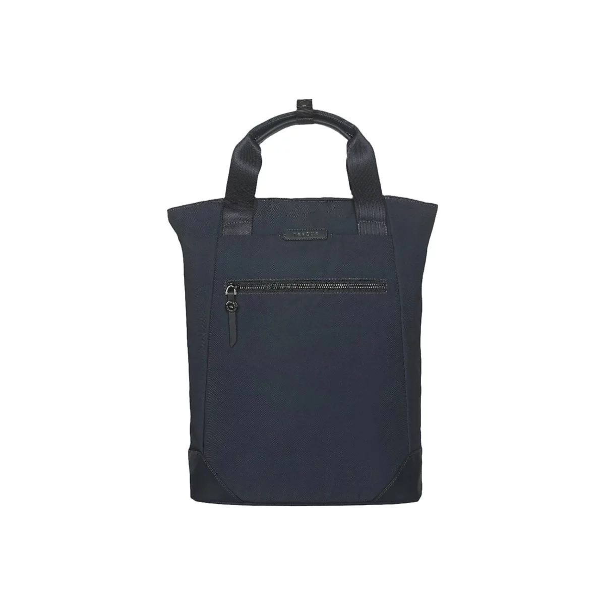 Dunkelblaue Stofftasche, schwarze Griffe, Reißverschluss, weißer Hintergrund.