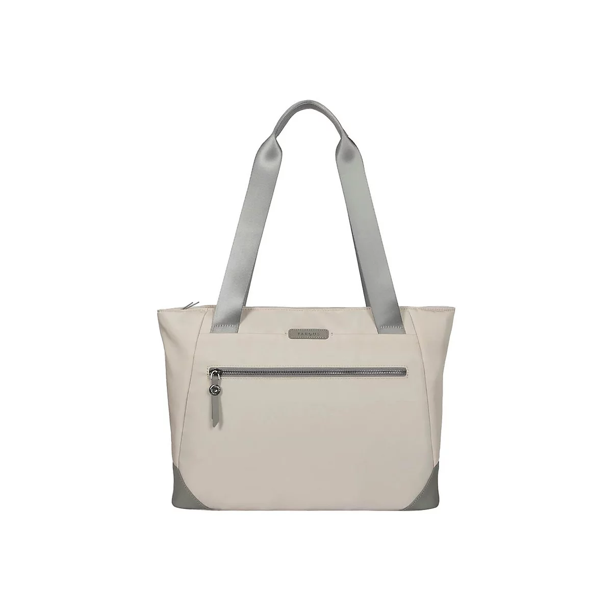 Sac fourre-tout beige avec poignées et fermeture éclair grises, isolé sur fond blanc.