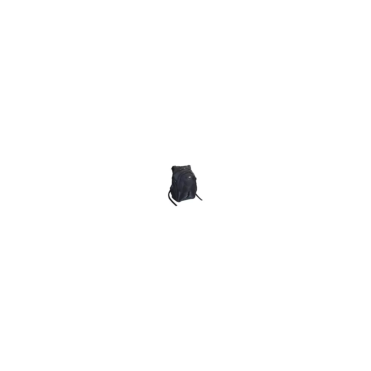 Schwarzer Rucksack vor weißem Hintergrund. Der Rucksack hat mehrere Fächer und Riemen.